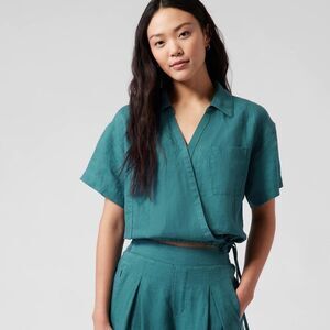 Athleta Playa Linen Tie Top Borealis Green Collared V Neck Cropped Size XS